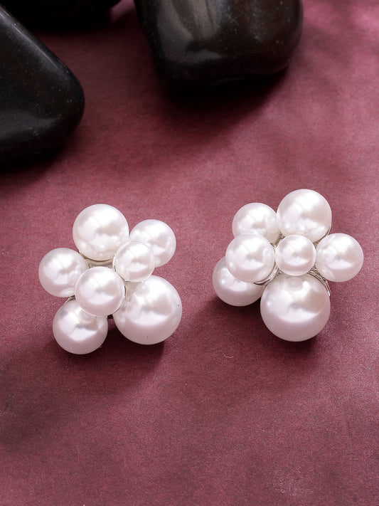 NVR Women's White Pearl Silver-Plated Circular Studs Earring