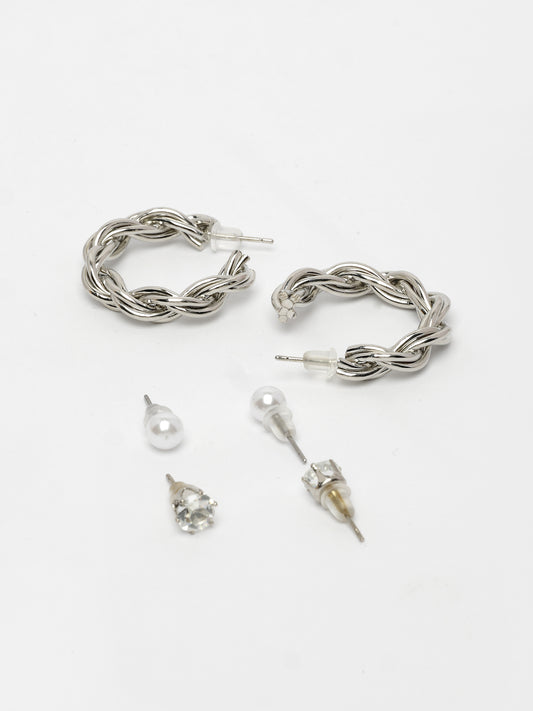 NVR Women's Set of 3 Silver-Plated Artificial Stones Half Hoop Earrings