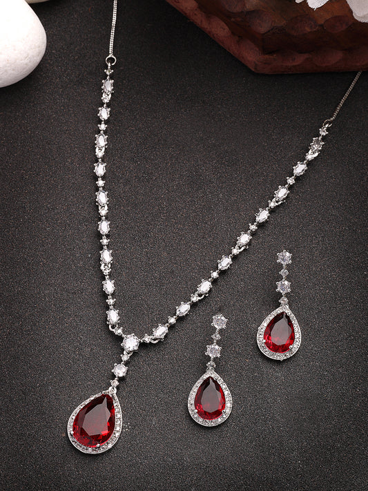 NVR Women's Silver-Plated Red American Diamond-Studded Handcrafted Jewellery Set