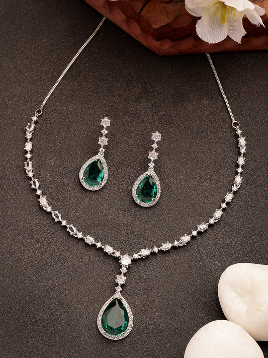 NVR Women's Silver-Plated Green American Diamond-Studded Handcrafted Jewellery Set