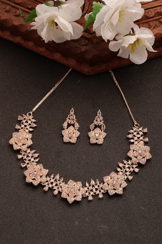 NVR Women's Rose Gold-Plated American Diamond-Studded Handcrafted Jewellery Set