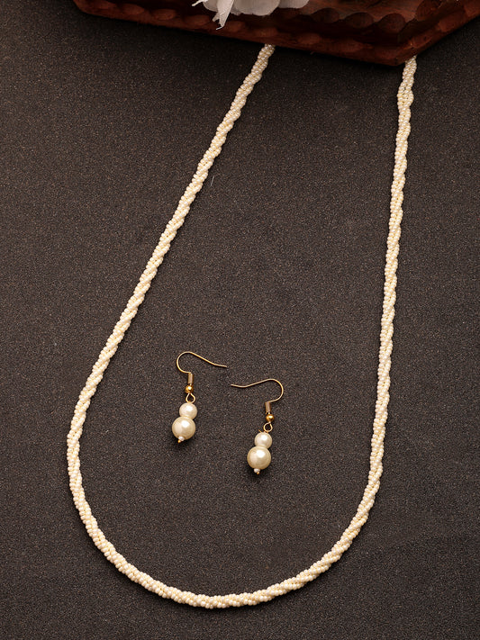 NVR Women's White Pearl Gold-Plated Long Necklace with Earrings