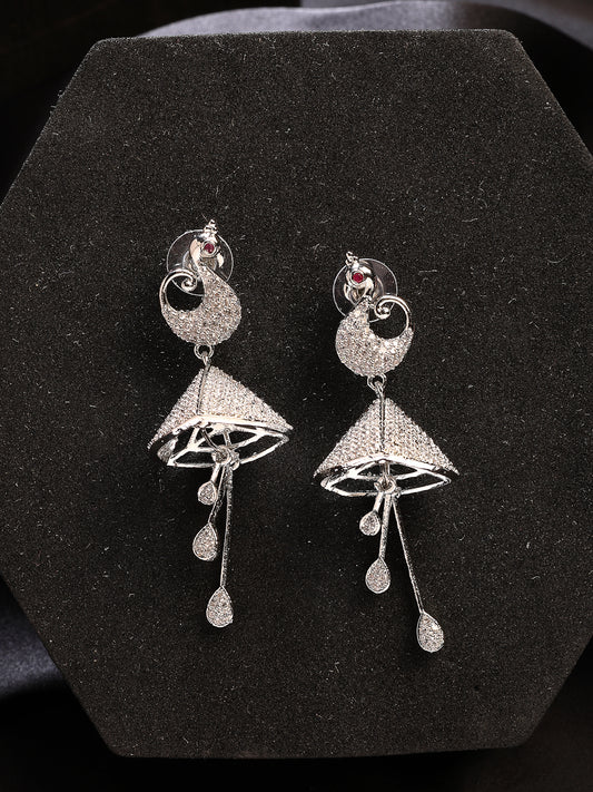 NVR Wome's Silver-Plated AD- Studded Peacock-Shaped Drop Earrings