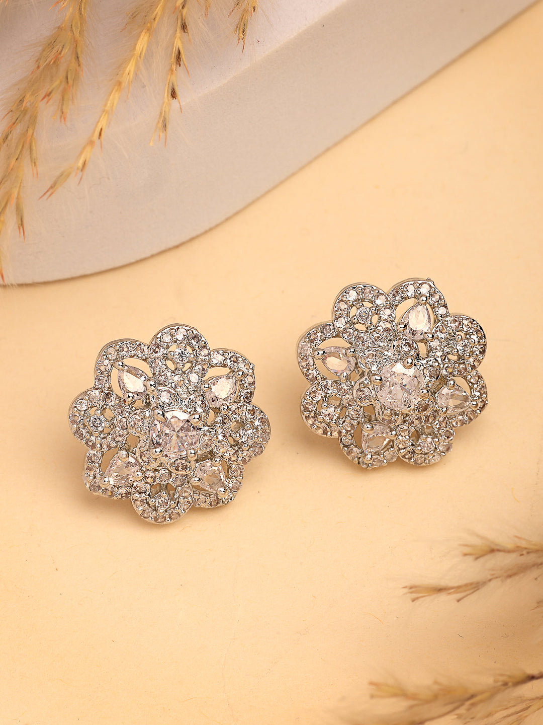 NVR Women's Silver-Plated AD- Studded Circular Shaped Studs Earring