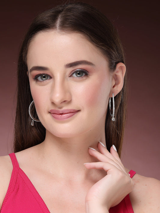 NVR Women's Silver-Toned AD-Studded Handcrafted Circular Hoop Earrings