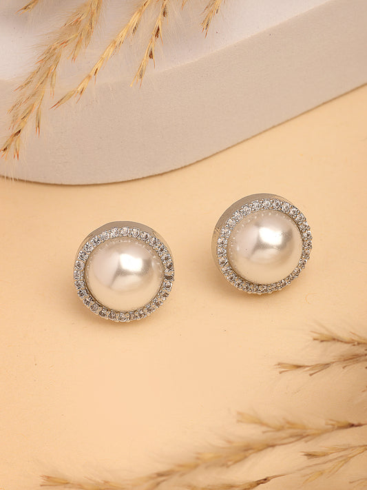 NVR Women's Silver-Toned AD Studded Studs Earring