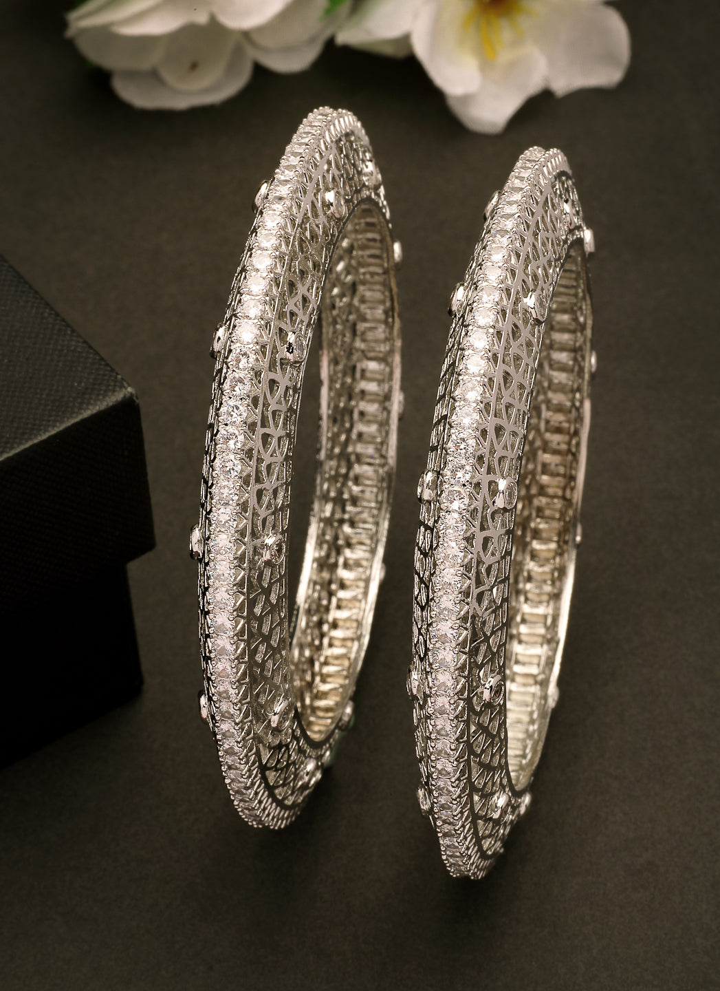 NVR Women's Set of 2 Silver-Plated American Diamond Studded Bangles