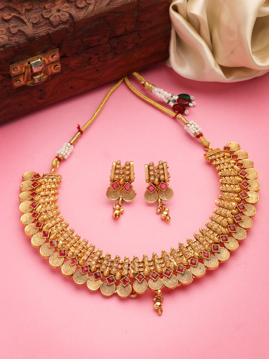 NVR Women Gold-Plated Pink Stone Studded Handcrafted Temple Jewellery Set