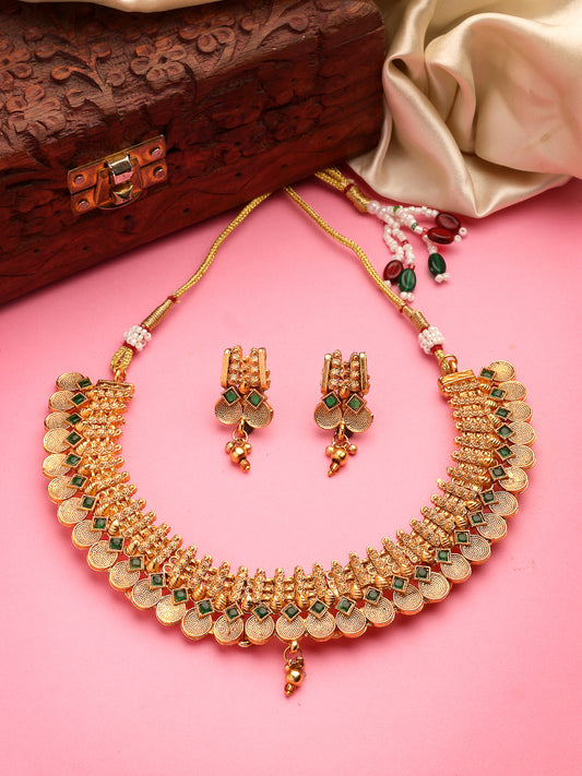 NVR Women's Gold-Plated Green Stone Studded Handcrafted Temple Jewellery Set