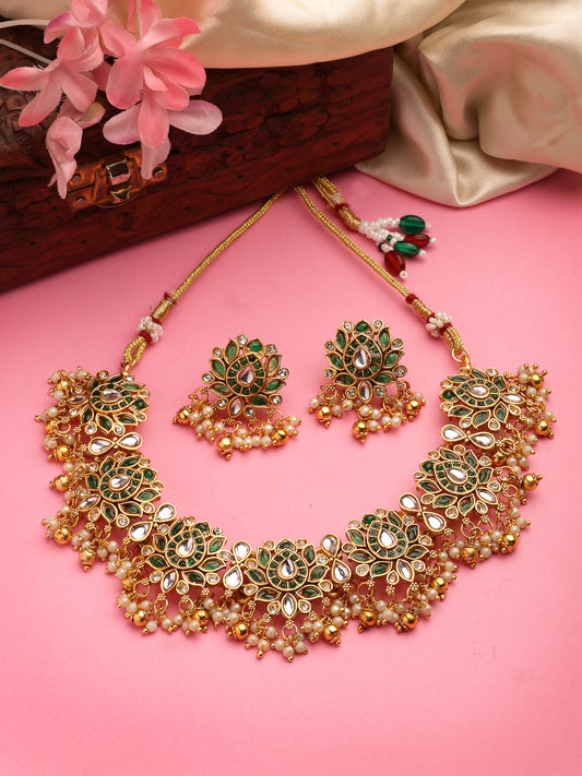 NVR Women's Gold-Plated Green Kundan- Studded & Beaded Handcrafted Temple Jewellery Set