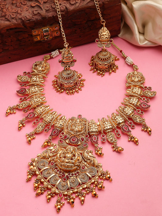 NVR Women's Gold-Plated Pink Stone Studded Lakshmi Temple Jewellery Set