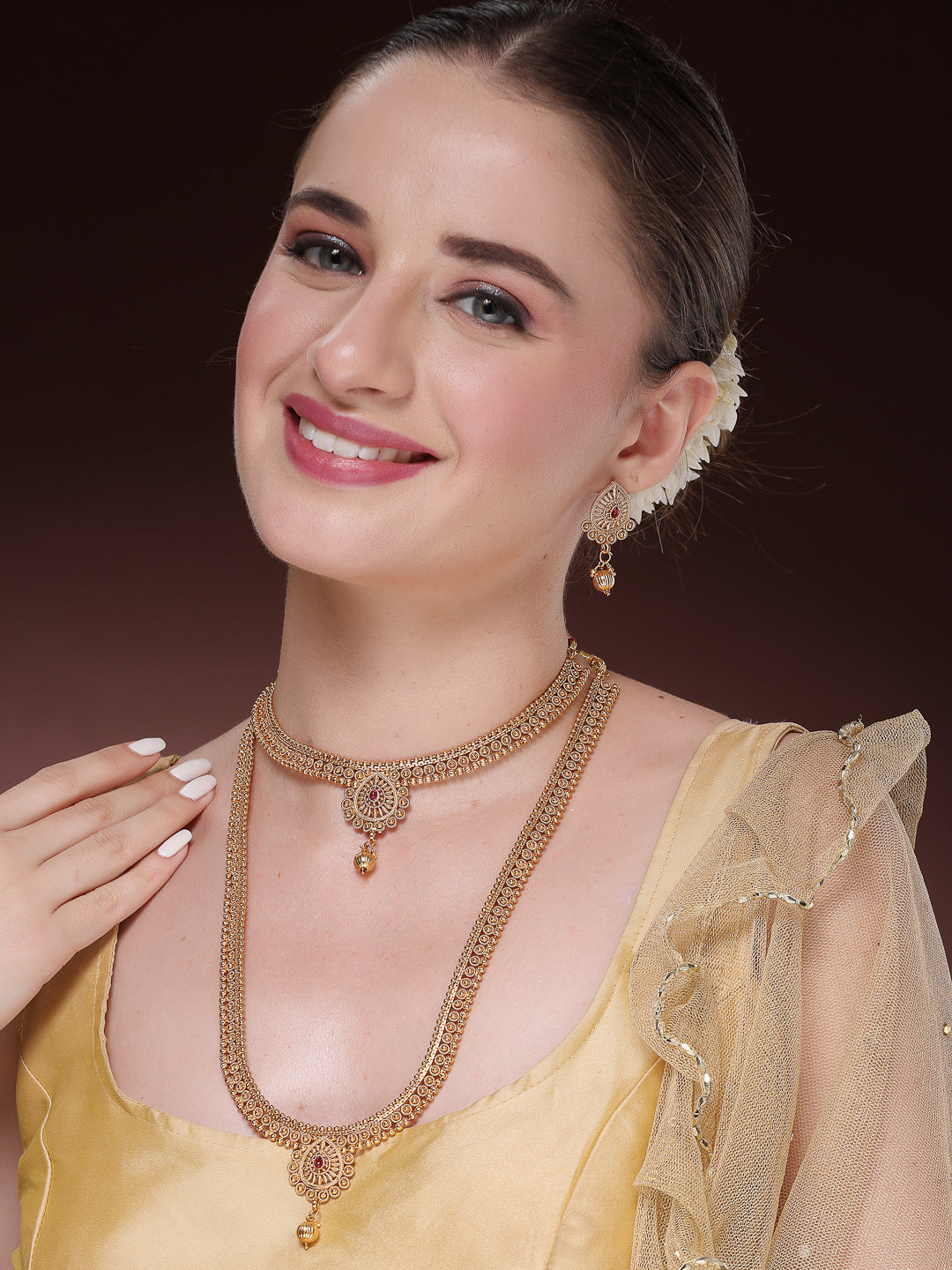 NVR Women's Set of 2 Gold-Plated Pink Stone Studded Jadau Jewellery Set