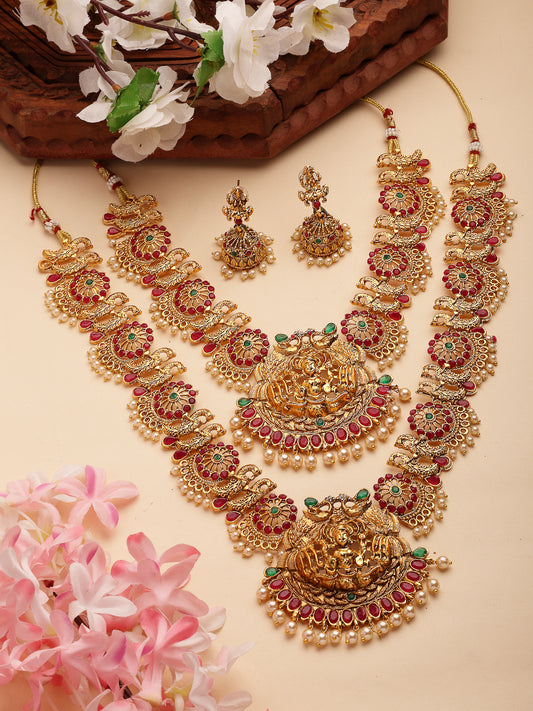 NVR Women's Set of 2 Gold-Plated Green & Pink Stone Studded Peacock & Lakshmi Design Temple Jewellery Set