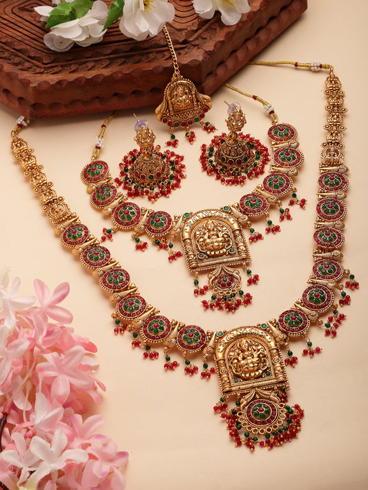 NVR Women's Set of 2 Gold-Plated Green & Red Stone Studded Lakshmi Design Temple Jewellery Set with Maangtikka