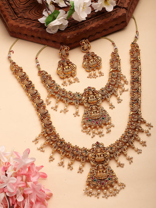 NVR Women's Set of 2 Gold-Plated Green & Red Stone Studded Lakshmi Design Temple Jewellery Set