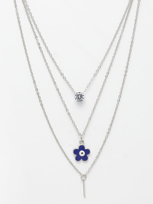 NVR Women's Silver-Toned Artificial Stones Floral Layered Chain