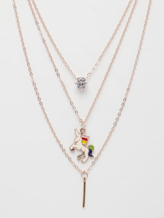 NVR Women's Rose Gold-Plated Artificial Stones Unicorn Layered Chain