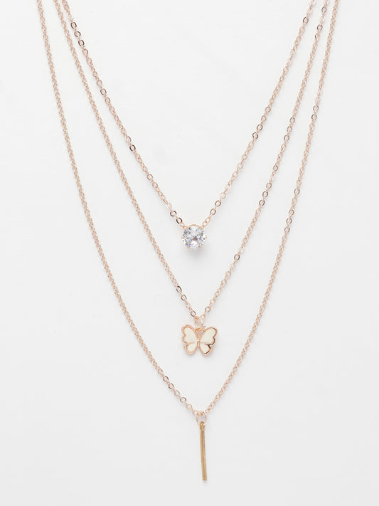 NVR Women's Rose Gold-Plated Artificial Stones Butterfly-shaped Layered Chain