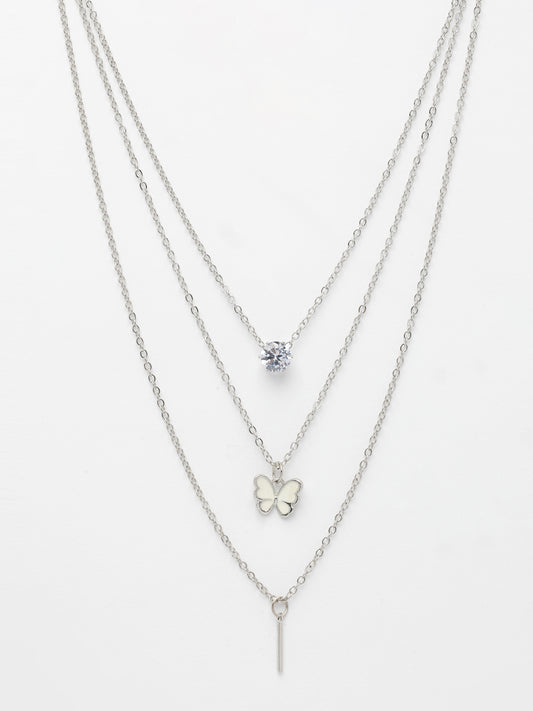 NVR Women's Silver-Toned Artificial Stones Butterfly-shaped Layered Chain