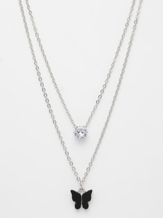 NVR Women's Silver-Toned Artificial Stones Butterfly-shaped Layered Chain