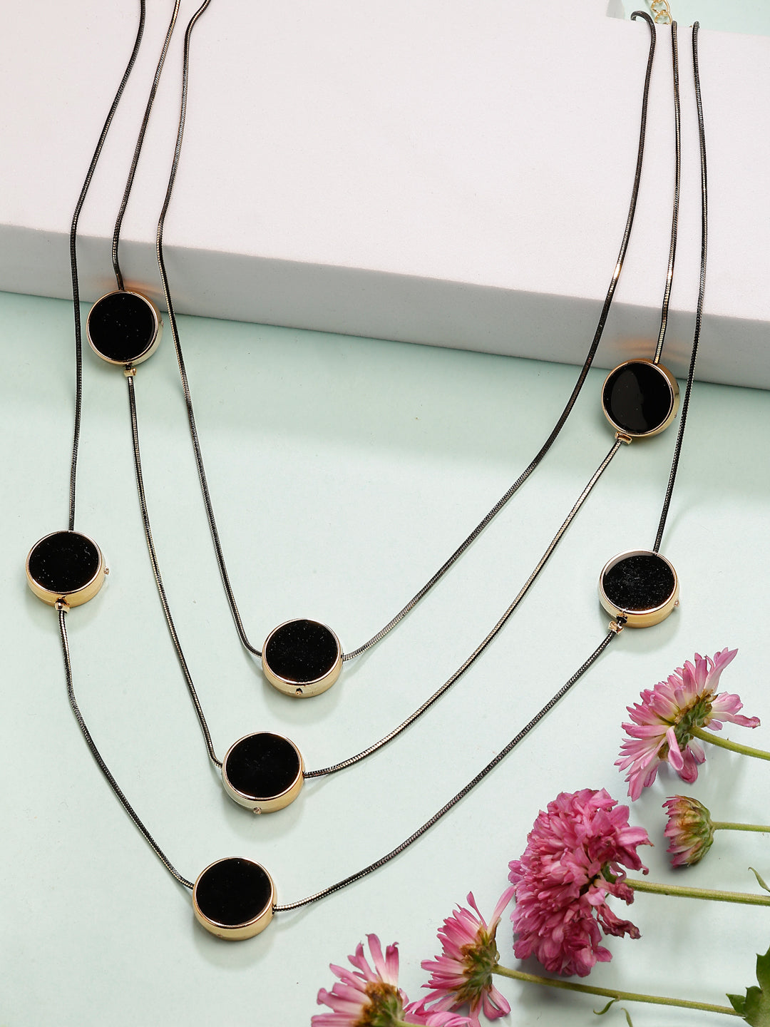 NVR Women's Black Circular Shaped Layered Fashion Necklace