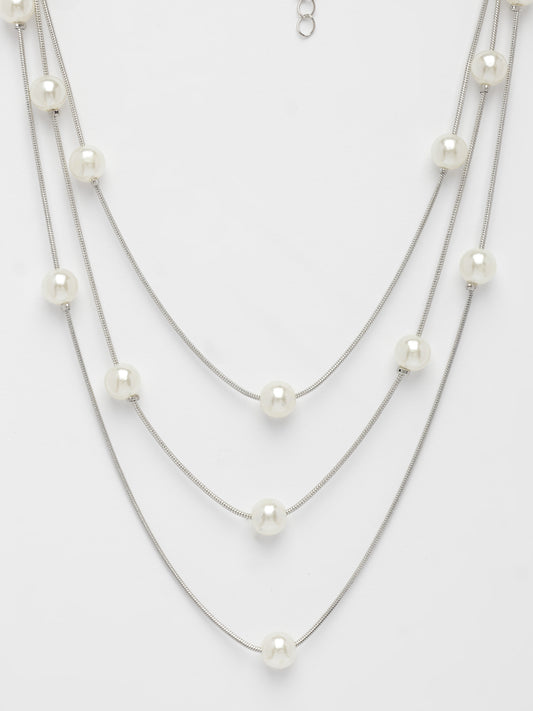 NVR Women's Silver-Plated  White Pearls Party Layered Chain