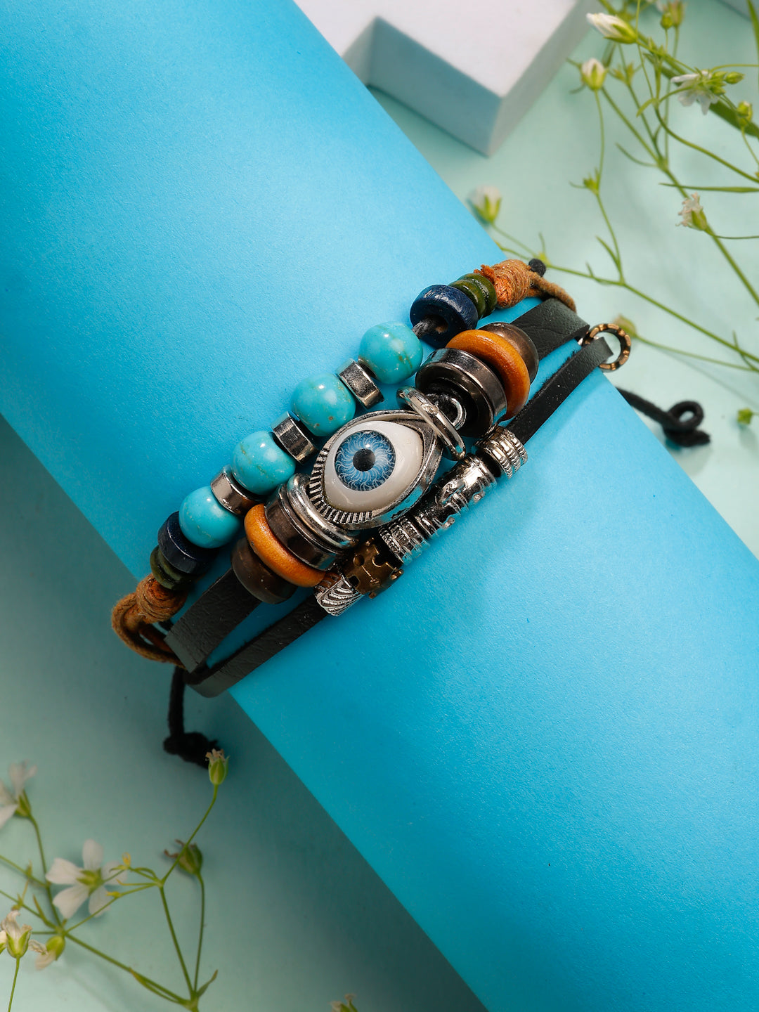 NVR Men's Evil Eye Multi-Coloured Leather Wraparound Bracelet