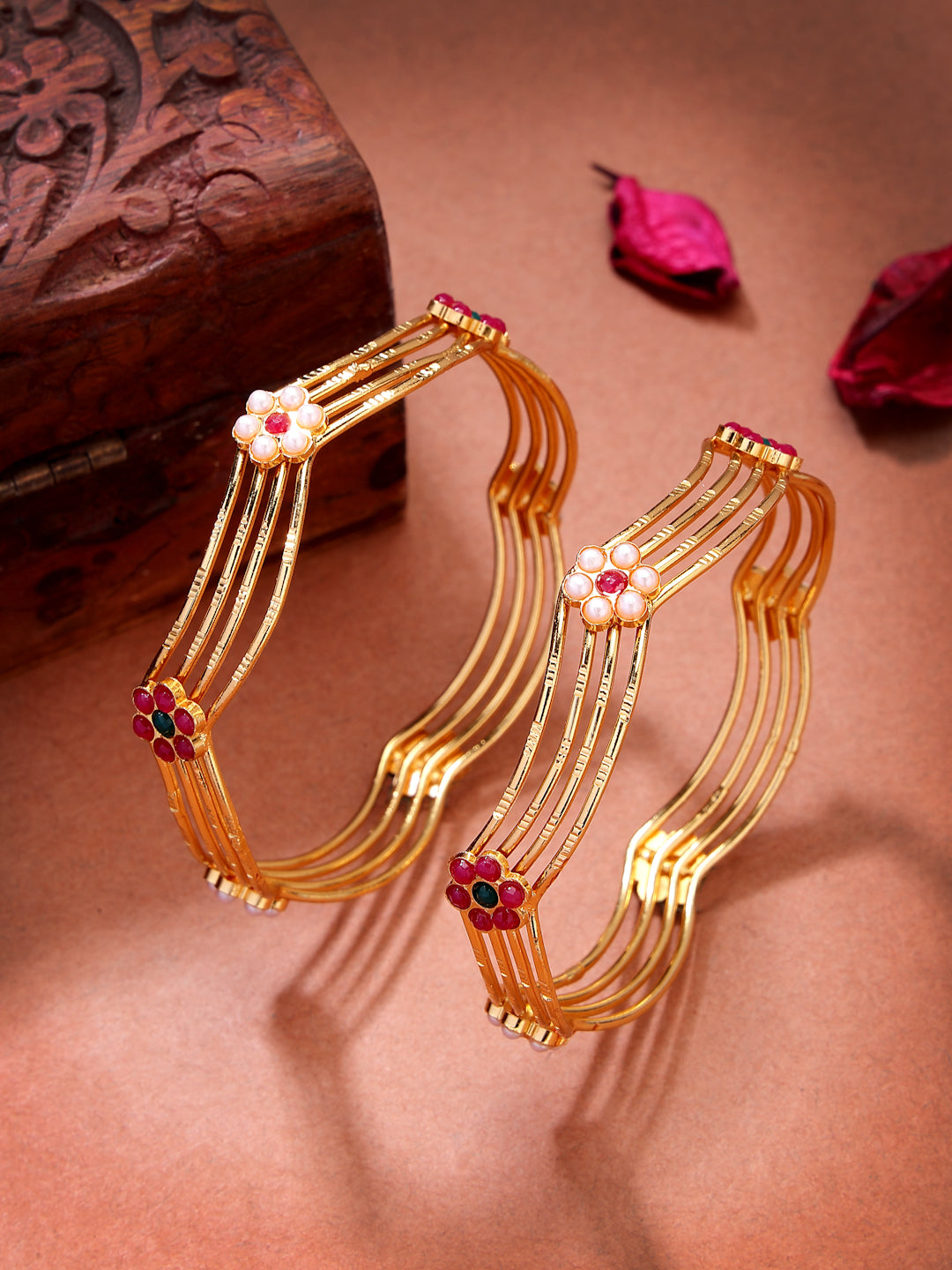 NVR Women's Set of 2 Gold-Plated Artificial Stones Traditional Bangles