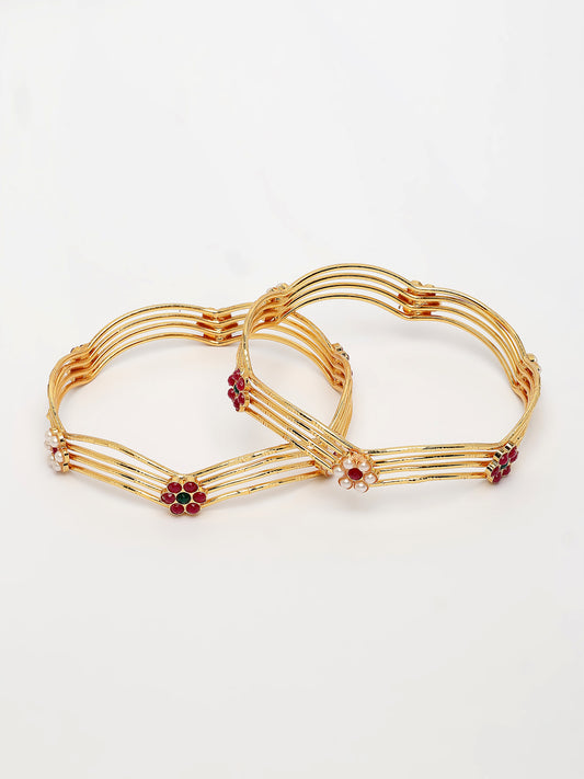 NVR Women's Set of 2 Gold-Plated Artificial Stones Traditional Bangles