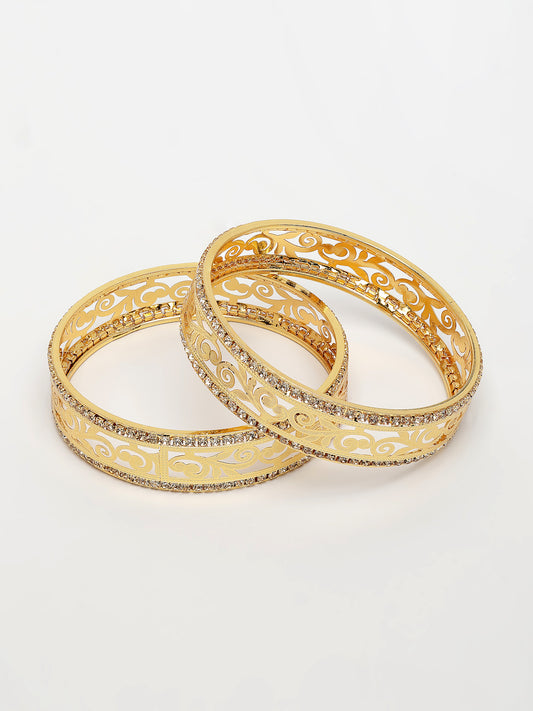 NVR Women's Set of 2 Gold-Plated Cubic Zirconia Stone Studded Kada Bangles