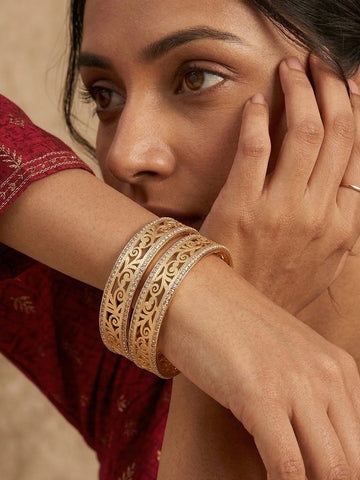 NVR Women Set of 2 Gold Plated CZ Stone Kada Bangles