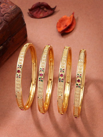 NVR Women's Set of 4 Gold-Plated Artificial Stones Traditional Bangles