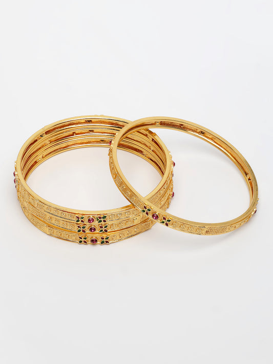 NVR Women's Set of 4 Gold-Plated Artificial Stones Traditional Bangles