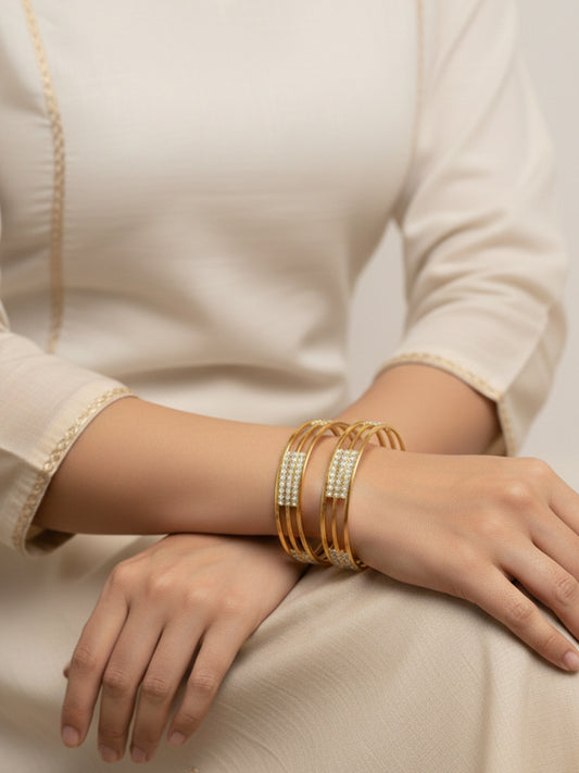 NVR Women Set of 2 Gold Plated CZ Stone Kada Bangles