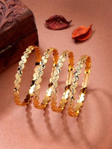 NVR Women's Set of 4 Gold-Plated Leaf Shaped Traditional Bangles