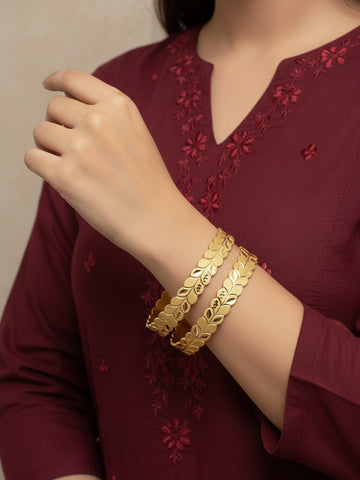 NVR Women Set of 2 Leaf Design Gold Plated Kada Bangles