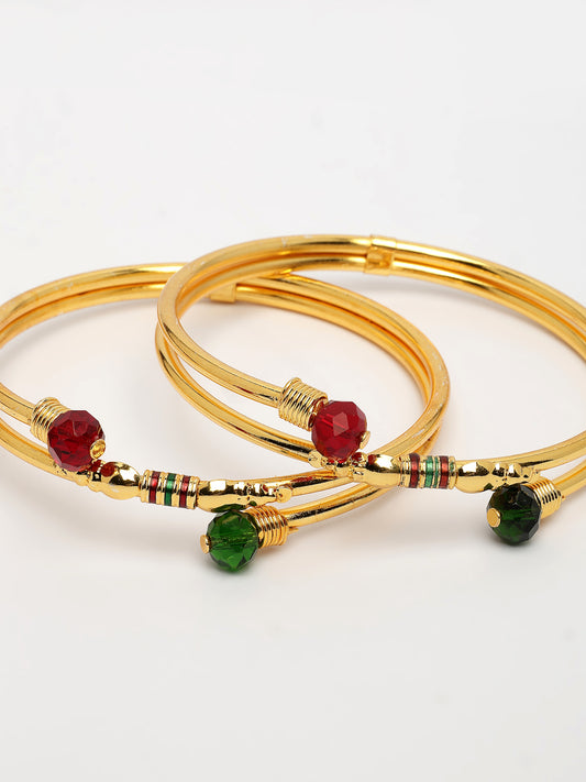 NVR Women's Set of 2 Gold-Plated Artificial Beads Traditional Bangles