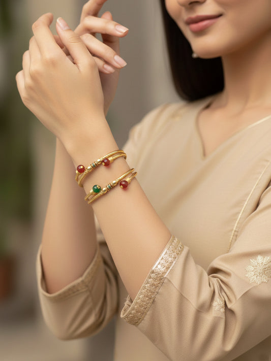 NVR Women Set of 2 Gold Plated Artificial Beads Bangles