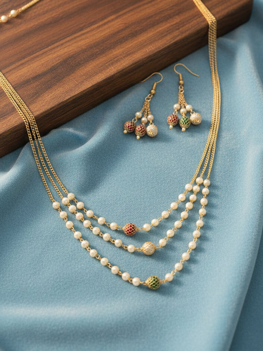 NVR Women Gold Plated Multicolour Artificial Beads Necklace with Earrings