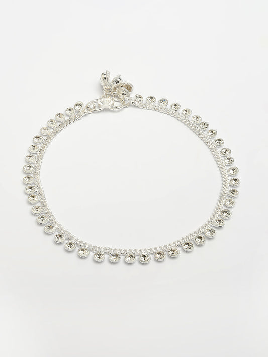 NVR Women's Set of 2 Silver-Plated Artificial Stone Studded Anklets