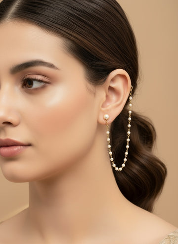 NVR Women Pearl Studded Classic Gold Plated 1 Line Ear Chain Ear Cuff