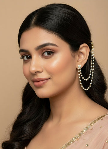 NVR Women Pearl Studded Classic Gold Plated 2 Line Ear Chain Ear Cuff