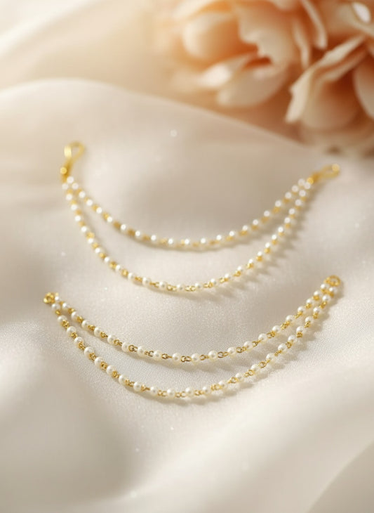 NVR Women Pearl Studded Classic Gold Plated 2 Line Ear Chain Ear Cuff