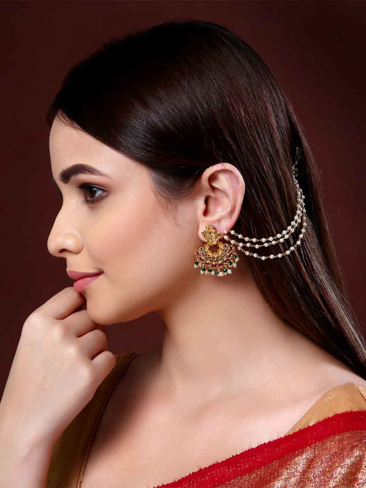 NVR Pearl Studded Classic Gold-Plated 3 Line Ear Chain Ear Cuff