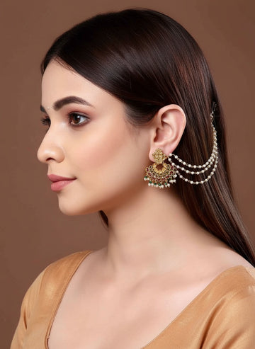 NVR Women Pearl Studded Classic Gold Plated 3 Line Ear Chain Ear Cuff