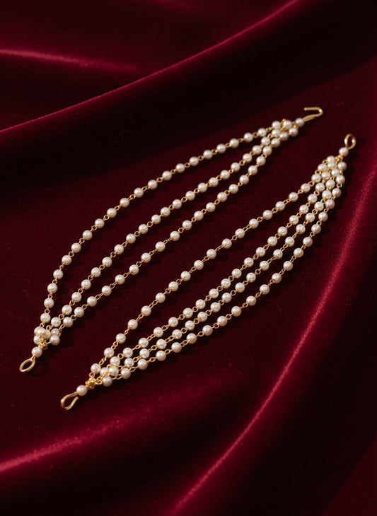 NVR Women Pearl Studded Classic Gold Plated 3 Line Ear Chain Ear Cuff