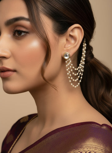 NVR Women Pearl Studded Classic Gold Plated 4 Line Ear Chain Ear Cuff