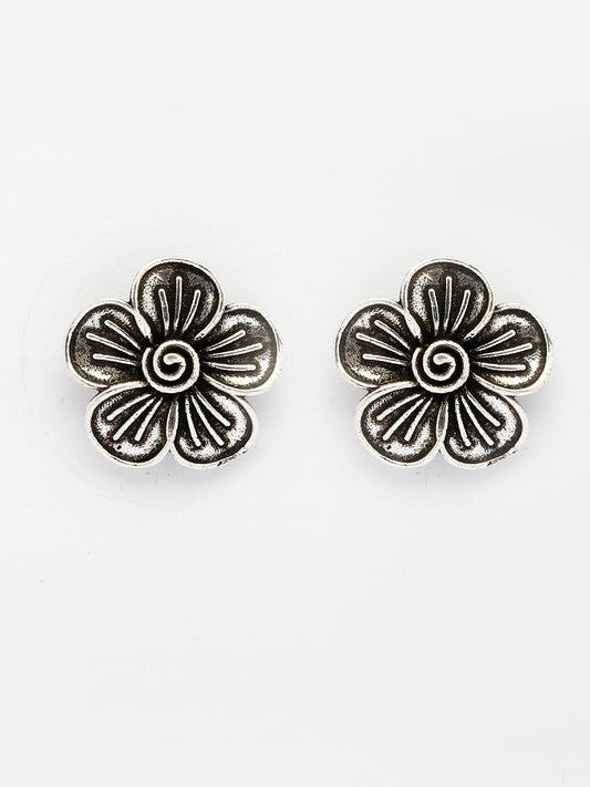NVR Women Silver Plated Oxidized Floral Shape Stud Earrings