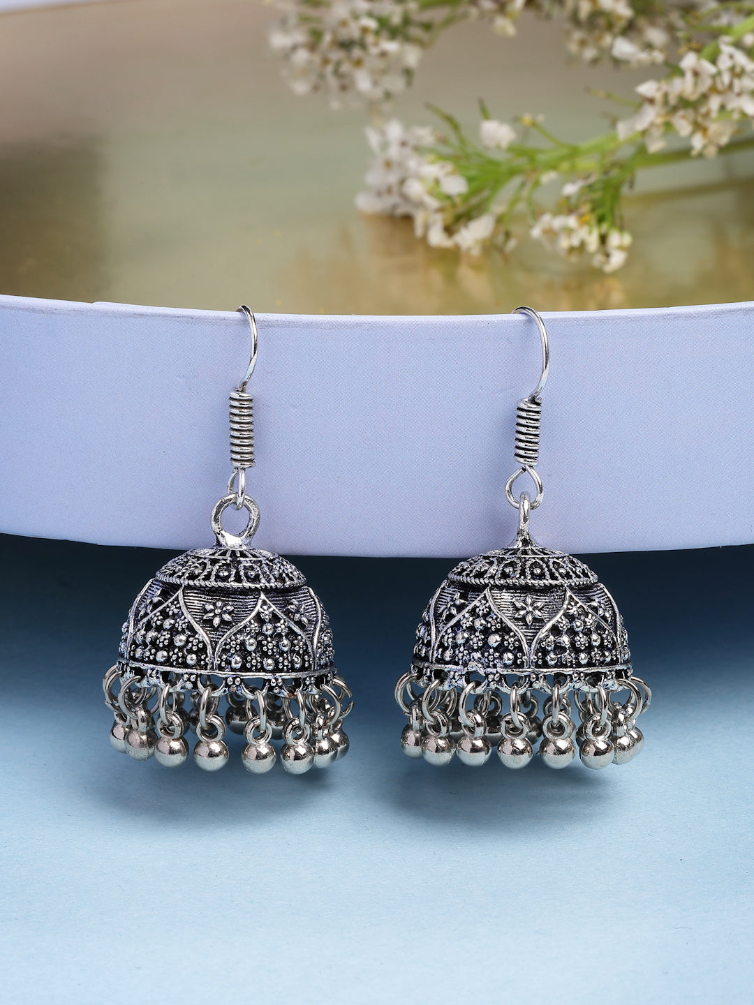 NVR Women German Silver Oxidized Floral Design Jhumka Earrings
