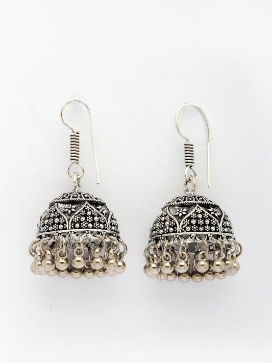NVR Women German Silver Oxidized Floral Design Jhumka Earrings